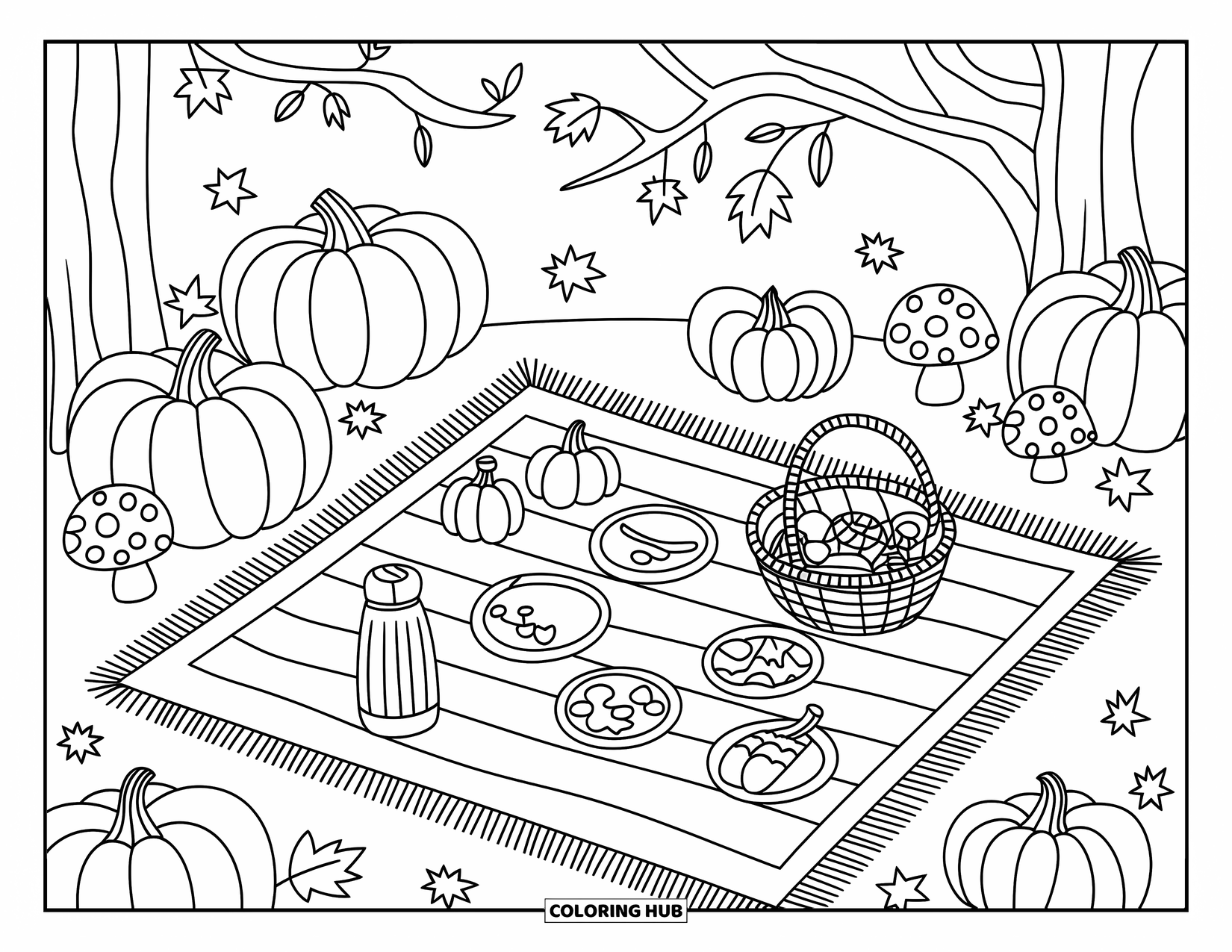 Pumpkin Patch Coloring Page for Adults: Mini pumpkins, snacks, and leaves surround a sweet little picnic in the patch
