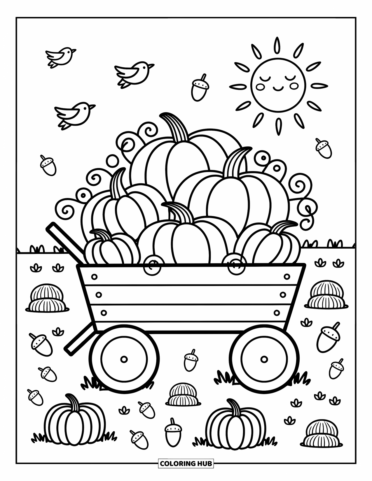 Pumpkin Patch Coloring Page for Adults: Plump pumpkins fill a wooden wagon with hay, birds, and a glowing sun