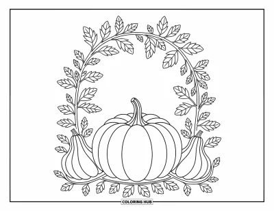 Coloriage de champs de citrouilles pour adultes : Une citrouille sous une arche feuillue avec des lianes fluides et de jolis détails automnaux