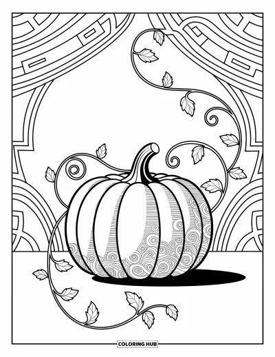 Coloriage de champs de citrouilles pour adultes : Une citrouille et des feuilles tourbillonnantes composent une scène artistique pleine de détails chaleureux