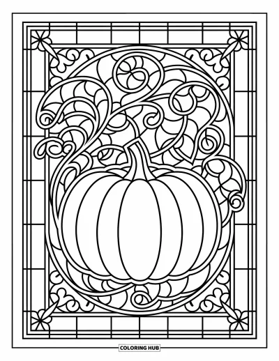 Coloriage de champs de citrouilles pour adultes : Une citrouille et des feuilles en spirale dans un design vitrail plein d'accents automnaux raffinés