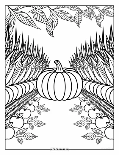 Coloriage de champs de citrouilles pour adultes : Une citrouille, des pommes et des épis de maïs réunis dans un tourbillon douillet de feuilles et de lianes