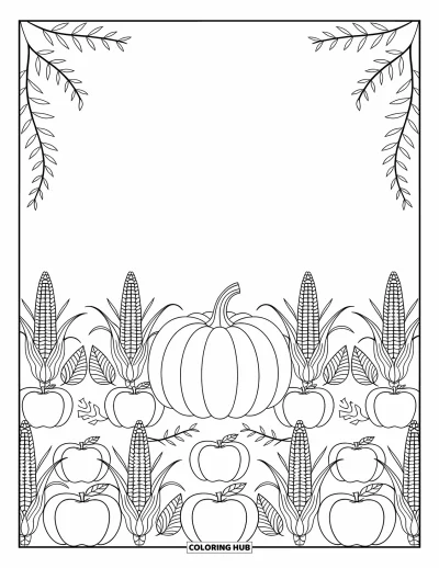 Coloriage de champs de citrouilles pour adultes : Citrouille, maïs et pommes encadrés par des lianes et des feuilles tourbillonnantes dans un décor automnal