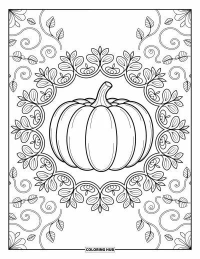 Coloriage de champs de citrouilles pour adultes : Une citrouille au milieu d'un mandala feuillu entouré de lianes tourbillonnantes et de motifs floraux