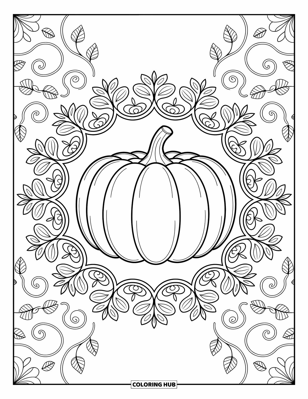 Pumpkin Patch Coloring Page for Adults: Pumpkin in the middle of a leafy mandala surrounded by swirling vines and floral lines