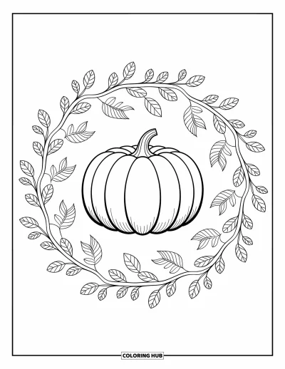 Coloriage de champs de citrouilles pour adultes : Une citrouille au cœur d'un mandala rempli de lianes avec de fins détails automnaux