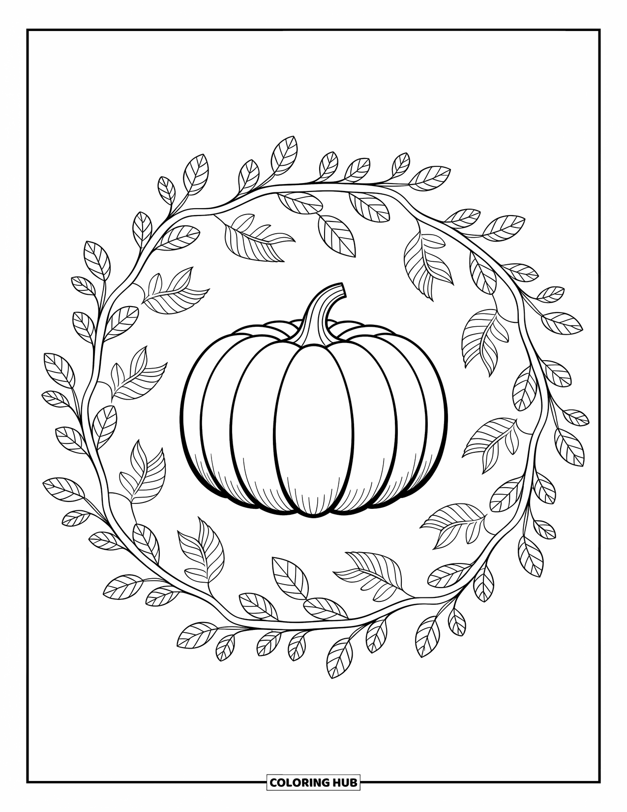 Pumpkin Patch Coloring Page for Adults: Pumpkin stands tall in the center of a vine-filled mandala with detailed fall touches