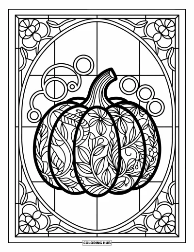 Coloriage de champs de citrouilles pour adultes : Une citrouille ornée de volutes florales dans un cadre vitrail aux délicats motifs de lianes
