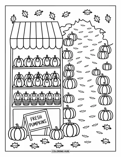 Coloriage de champs de citrouilles pour adultes : Des citrouilles et des courges remplissent un petit étal avec un panneau ardoise "Fresh Pumpkins"
