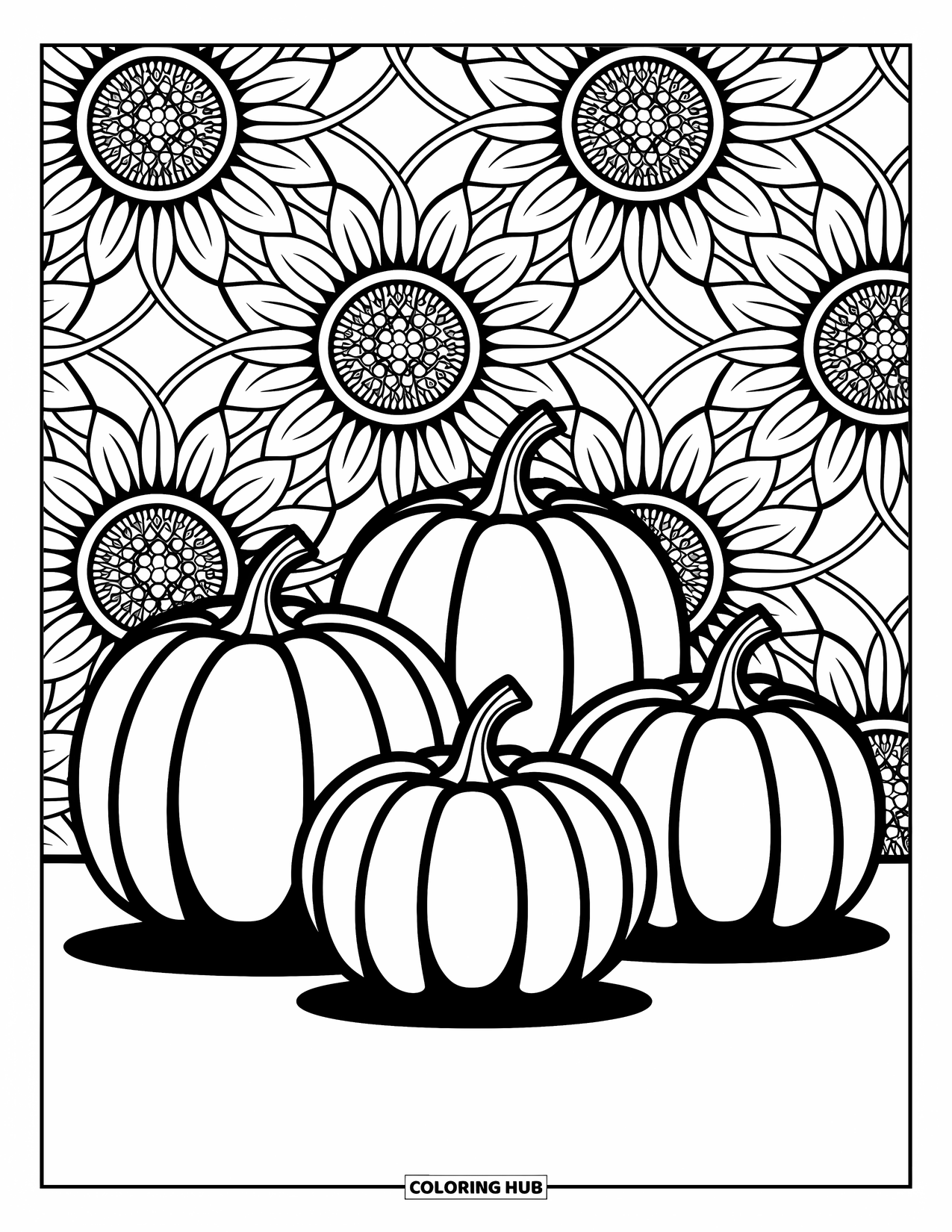 Pumpkin Patch Coloring Page for Adults: Pumpkins and sunflower mandalas come together in a relaxing and detailed fall scene