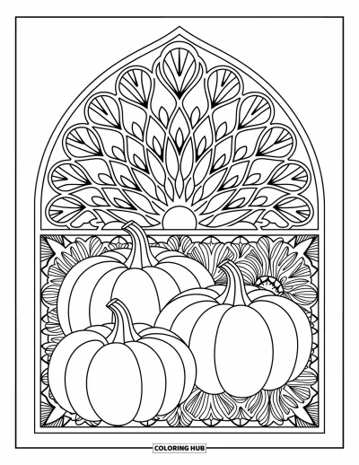 Coloriage de champs de citrouilles pour adultes : Des citrouilles nichées sous un mandala en arche avec des fleurs tourbillonnantes et des lianes feuillues