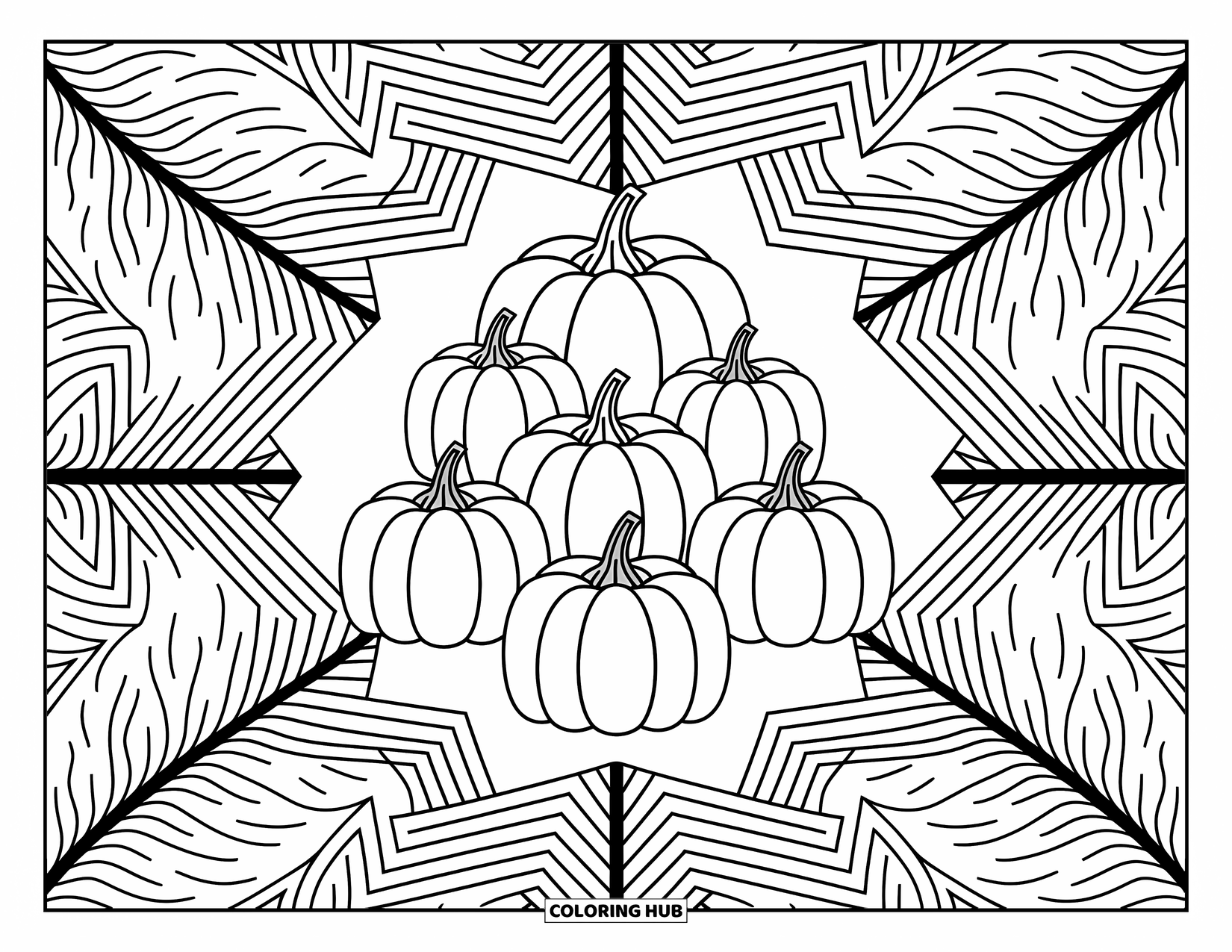Pumpkin Patch Coloring Page for Adults: Pumpkins are surrounded by swirling oak leaves in a calm and elegant mandala scene