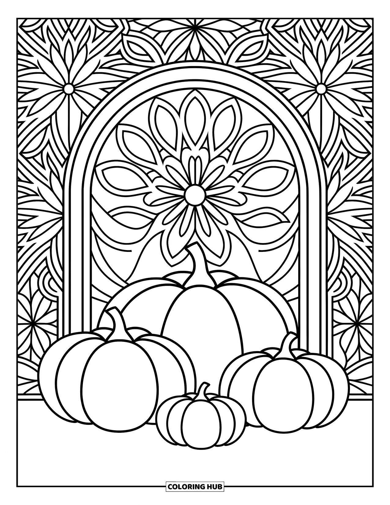 Pumpkin Patch Coloring Page for Adults: Pumpkins relax under a detailed arch filled with floral swirls and cozy fall elements