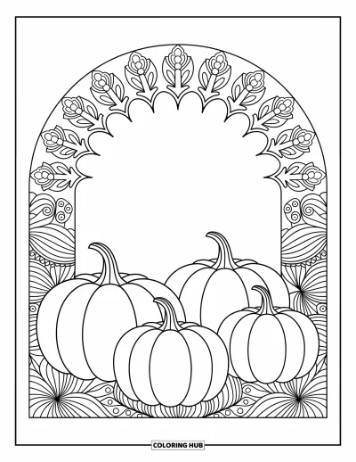 Coloriage de champs de citrouilles pour adultes : Des citrouilles sous une arche fleurie dans un mandala paisible aux détails soignés