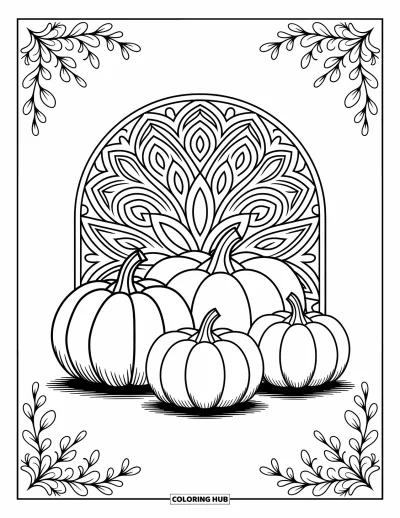 Coloriage de champs de citrouilles pour adultes : Des citrouilles sous une arche feuillue dans un mandala tourbillonnant aux détails apaisants