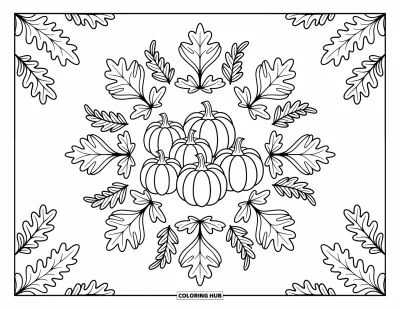 Coloriage de champs de citrouilles pour adultes : Des citrouilles au cœur d'un mandala feuillu aux motifs tourbillonnants et élégants