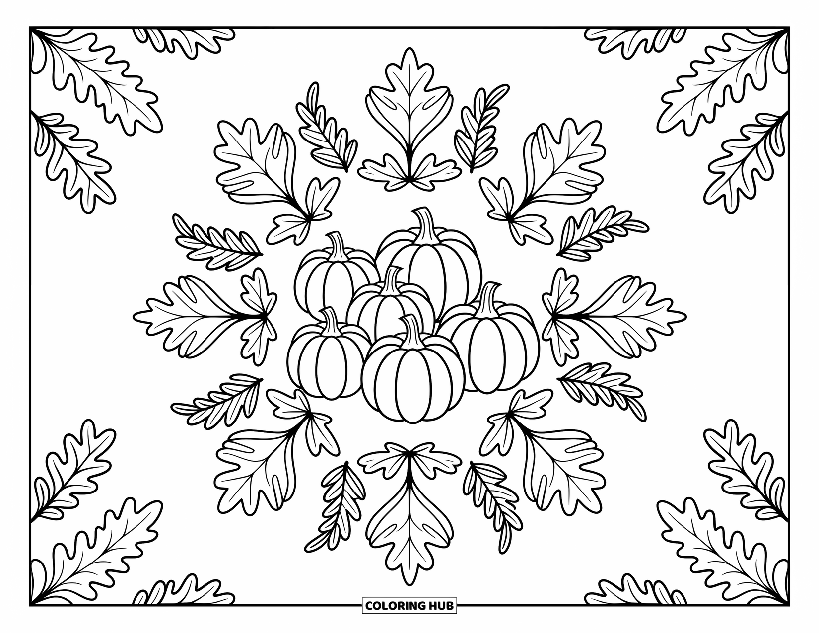 Pumpkin Patch Coloring Page for Adults: Pumpkins rest in the center of a leafy mandala filled with elegant, swirling patterns