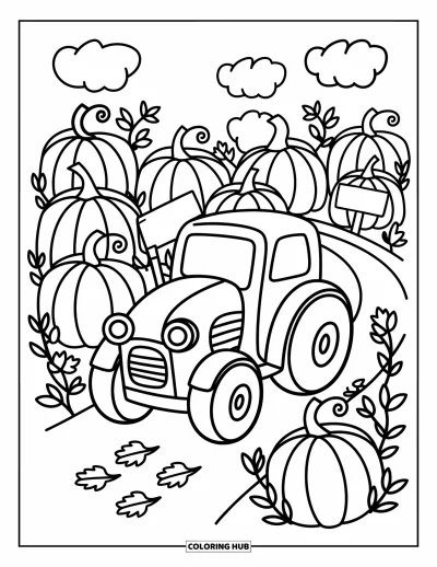 Coloriage de champs de citrouilles pour adultes : Des citrouilles, des panneaux et des herbes folles bordent un chemin tandis qu'un petit tracteur passe