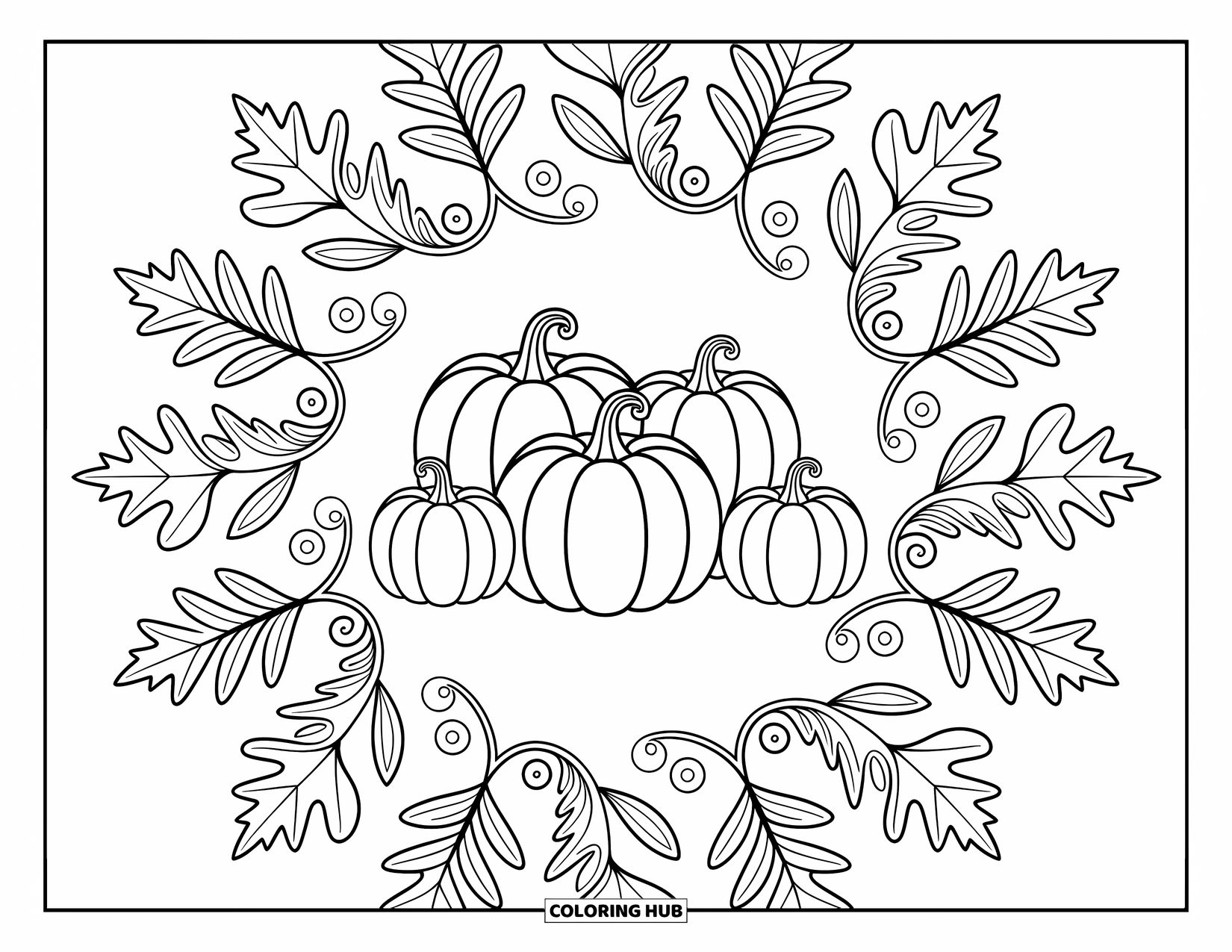 Pumpkin Patch Coloring Page for Adults: Pumpkins sit in a detailed mandala of swirling leaves and lines for a cozy autumn vibe