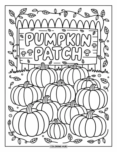 Coloriage de champs de citrouilles pour adultes : Des citrouilles, des lianes et un panneau remplissent un coin douillet avec des champsignons et des touffes d'herbe
