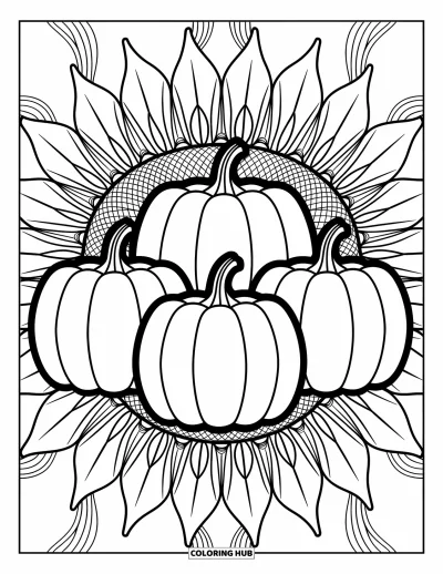 Coloriage de champs de citrouilles pour adultes : Trois citrouilles dans des mandalas de tournesols avec de douces lianes tourbillonnantes et des lignes élégantes