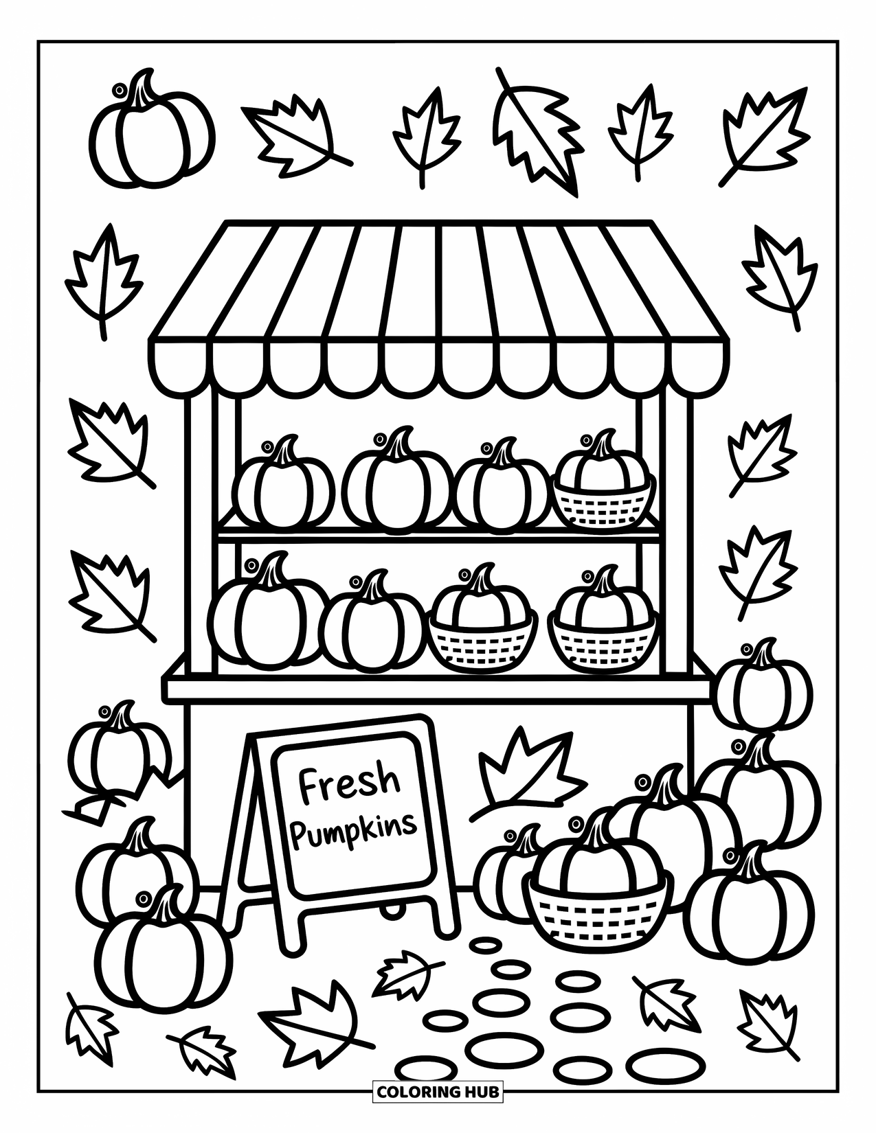 Pumpkin Patch Coloring Page for Adults: Tiny pumpkins and baskets line a cute stall with a playful chalkboard sign