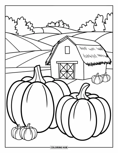 Coloriage de champs de citrouilles pour enfants : Une grange avec des citrouilles et des collines au loin crée une paisible scène automnale