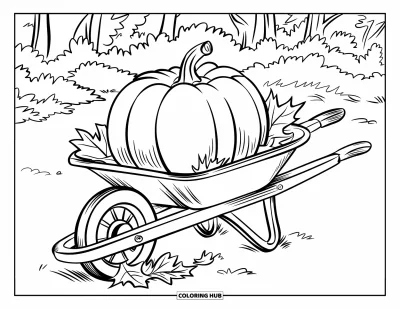 Coloriage de champs de citrouilles pour enfants : Une grande citrouille dans une brouette entourée de feuilles qui tombent