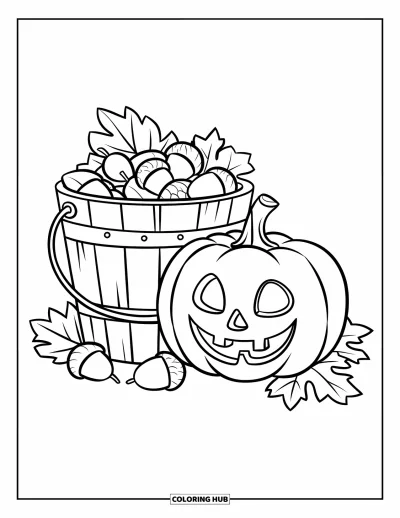 Coloriage de champs de citrouilles pour enfants : Une citrouille souriante repose à côté d'un seau rempli de glands et de feuilles
