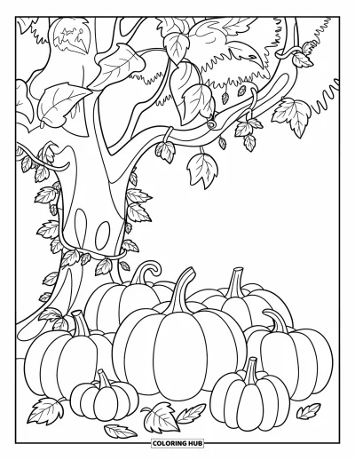 Coloriage de champs de citrouilles pour enfants : Un petit coin de citrouilles repose sous un arbre aux lianes tortueuses