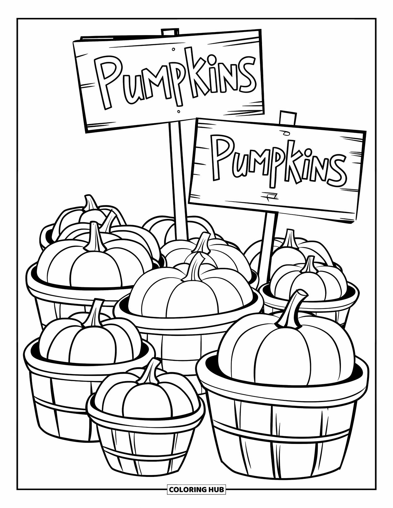 Pumpkin Patch Coloring Page for Kids: A farm market scene with baskets of pumpkins and wooden signs