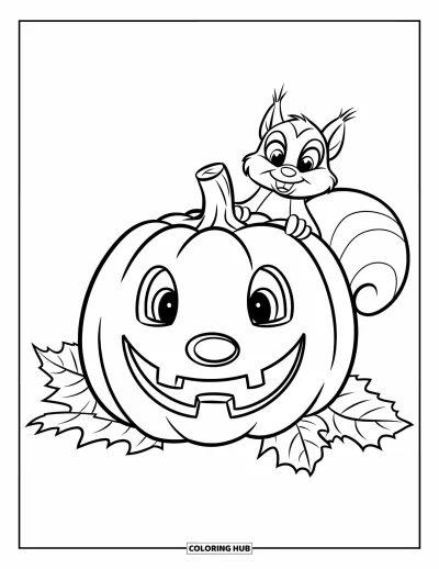 Coloriage de champs de citrouilles pour enfants : Une citrouille heureuse avec un écureuil espiègle accroché à elle