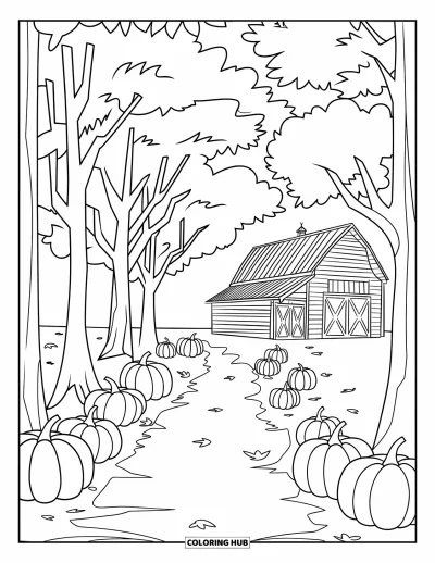 Coloriage de champs de citrouilles pour enfants : Un chemin jonché de feuilles et de citrouilles mène à une grange rustique entourée de grands arbres