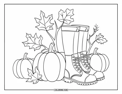 Coloriage de champs de citrouilles pour enfants : Une paire de bottes à côté de citrouilles et de branches automnales feuillues