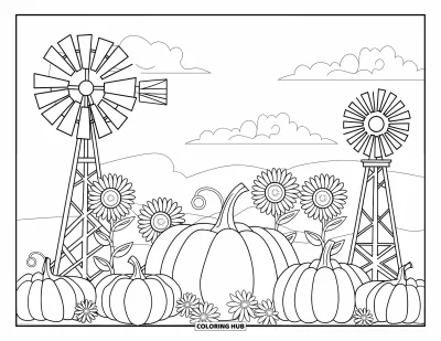 Coloriage de champs de citrouilles pour enfants : Une scène avec une citrouille et des tournesols, des moulins rustiques et un ciel dégagé