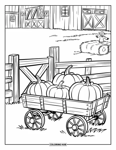 Coloriage de champs de citrouilles pour enfants : Un chariot plein de citrouilles avec un épouvantail près d'une grange rouge et d'une botte de foin