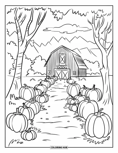 Coloriage de champs de citrouilles pour enfants : Un chemin bordé de citrouilles mène à une grange en bois parmi les arbres