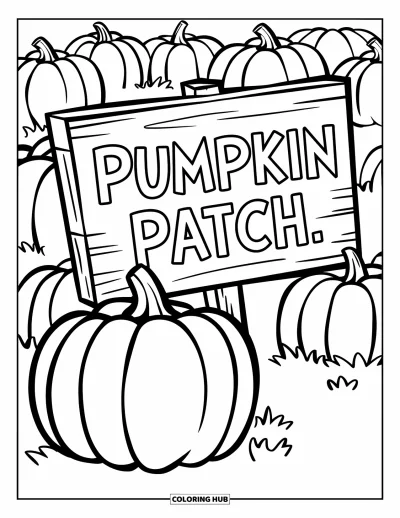 Coloriage de champs de citrouilles pour enfants : Une citrouille près d'un panneau en bois "Pumpkin Patch" dans un champs
