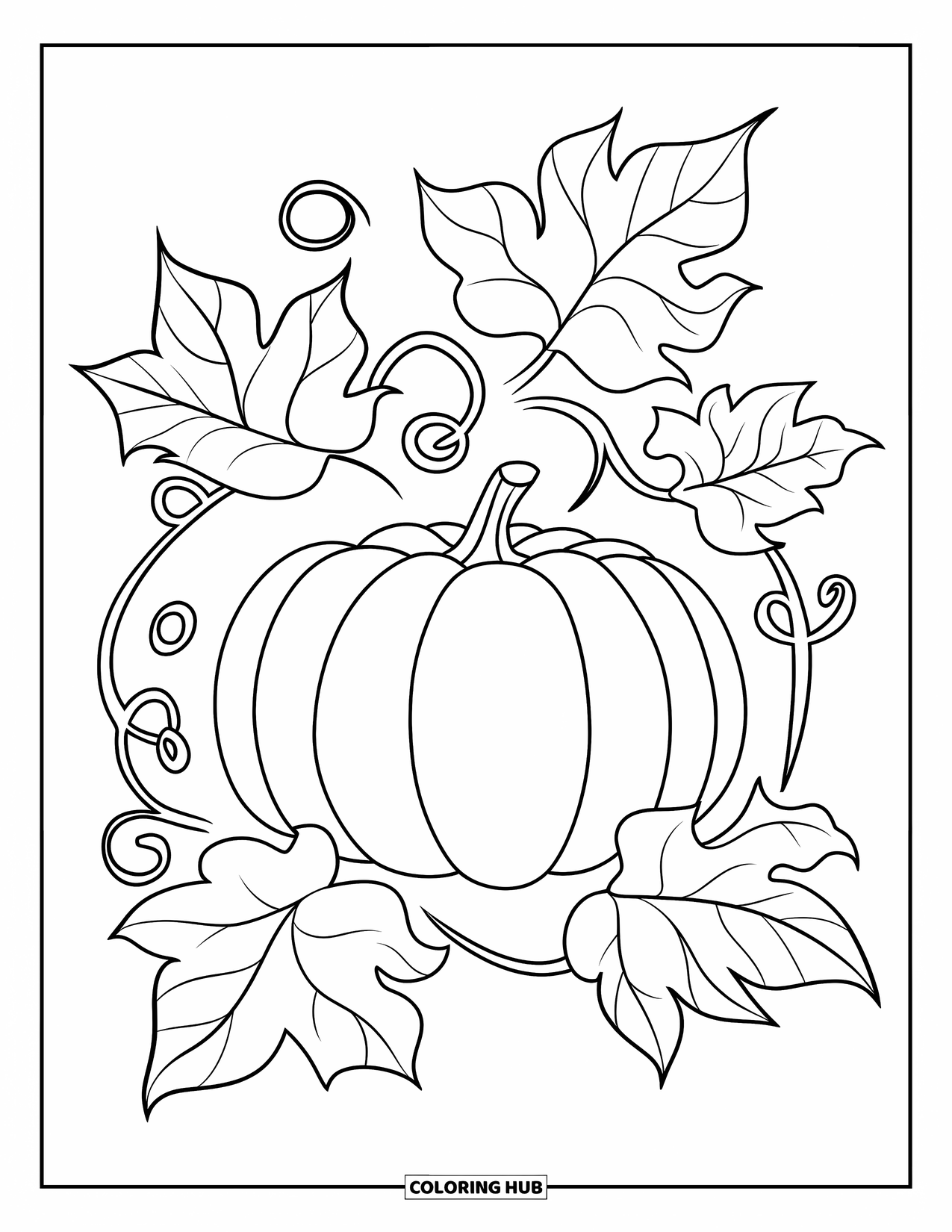 Pumpkin Patch Coloring Page for Kids: A pumpkin with a stem rests among big wavy leaves and vines