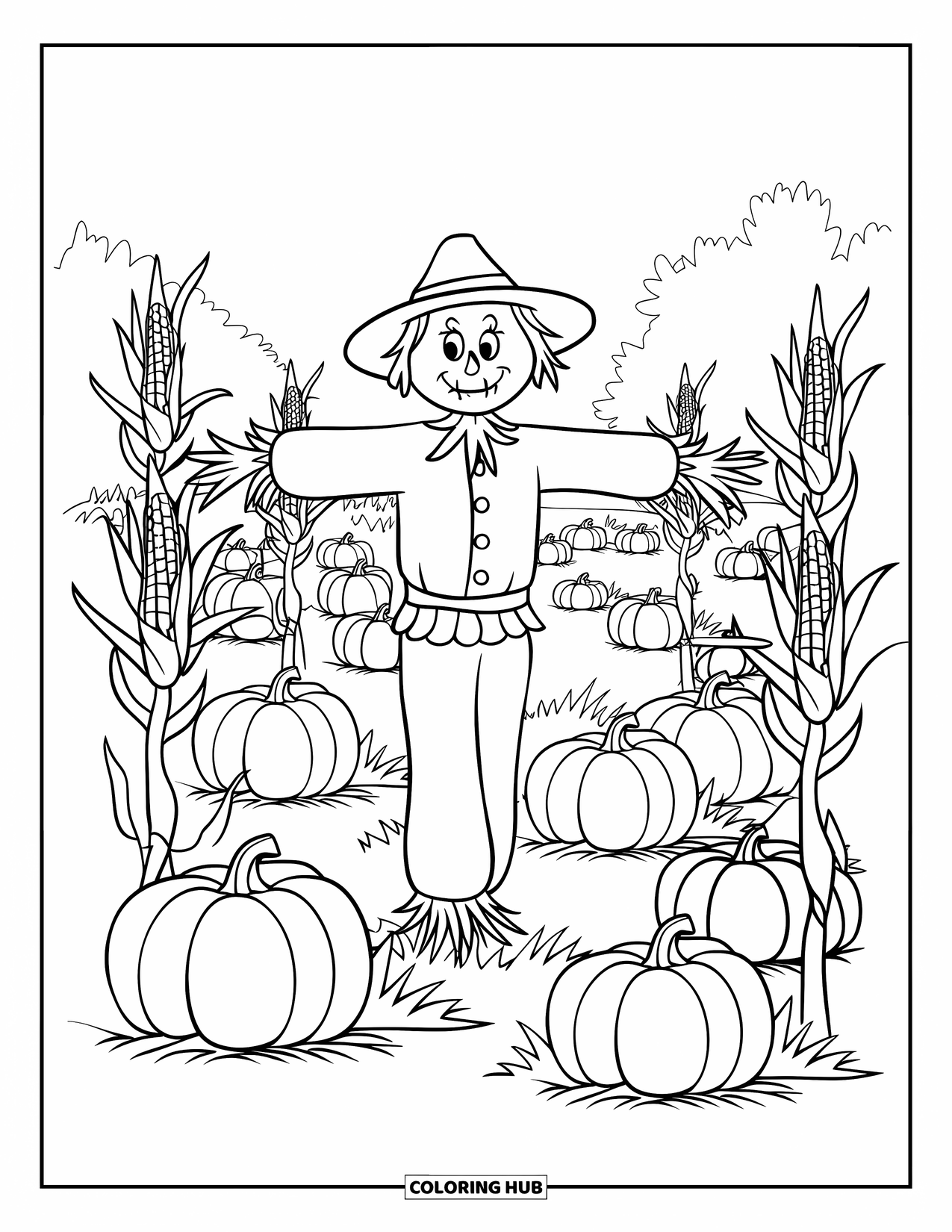 Pumpkin Patch Coloring Page for Kids: A scarecrow in a pumpkin and cornfield near trees and open land
