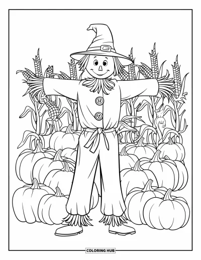 Coloriage de champs de citrouilles pour enfants : Un épouvantail bien dressé dans un champs de citrouilles et d'épis de maïs
