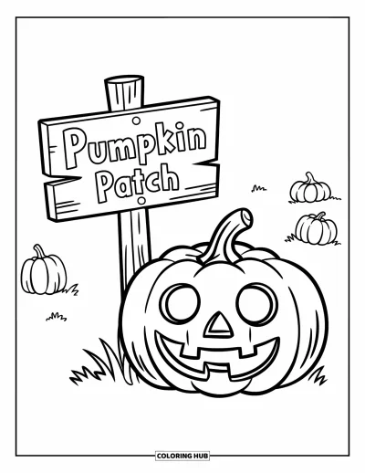 Coloriage de champs de citrouilles pour enfants : Une citrouille à l'air effrayé à côté d'un panneau en bois "Pumpkin Patch"