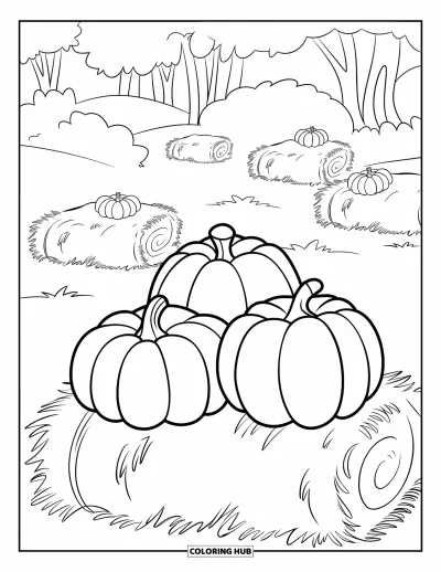Coloriage de champs de citrouilles pour enfants : Un petit champs avec trois citrouilles sur une botte de foin et des arbres à proximité