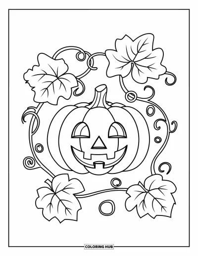 Coloriage de champs de citrouilles pour enfants : Une citrouille souriante entourée d'immenses feuilles et de lianes bouclées