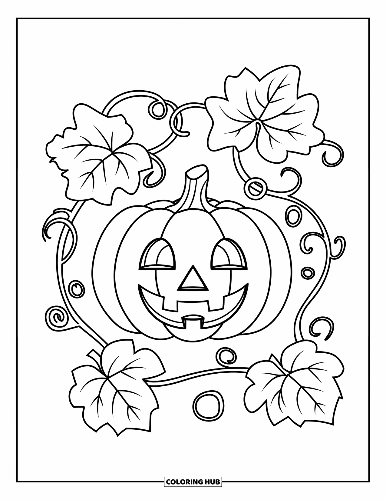 Pumpkin Patch Coloring Page for Kids: A smiling pumpkin is surrounded by giant leaves and curly vines