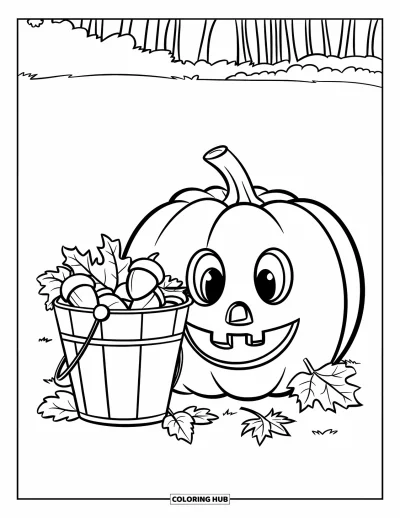 Coloriage de champs de citrouilles pour enfants : Une citrouille souriante à côté d'un seau rempli de glands et de feuilles