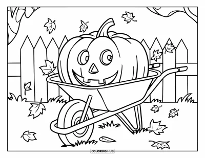 Coloriage de champs de citrouilles pour enfants : Une citrouille souriante dans une brouette avec des feuilles qui tombent autour