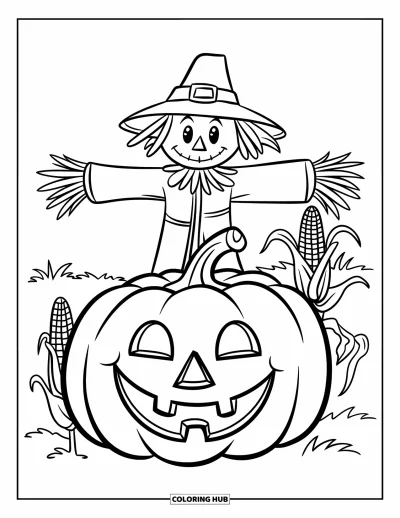 Coloriage de champs de citrouilles pour enfants : Un épouvantail souriant derrière une citrouille joyeuse dans un champs
