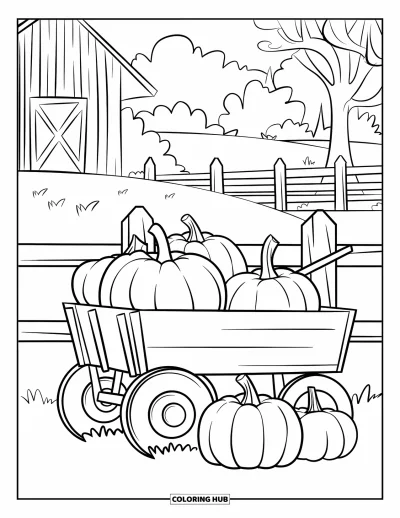Coloriage de champs de citrouilles pour enfants : Un chariot rempli de citrouilles près d'une clôture et d'une grange rouge
