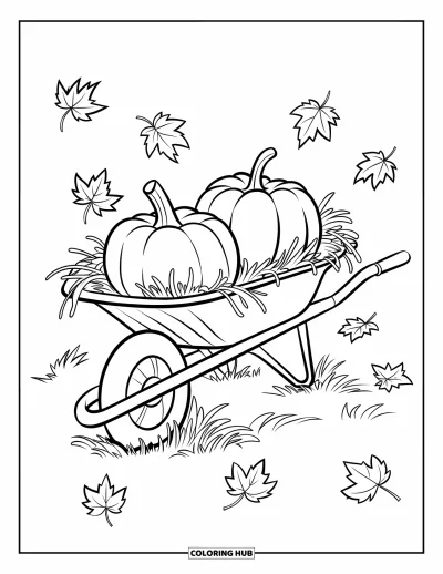 Coloriage de champs de citrouilles pour enfants : Une brouette pleine de citrouilles posée sur le sol avec des feuilles partout autour